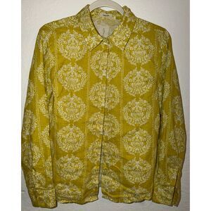 Joie 100% Linen Button Down Shirt Size S Yellow Floral Damask Print Long Sleeve